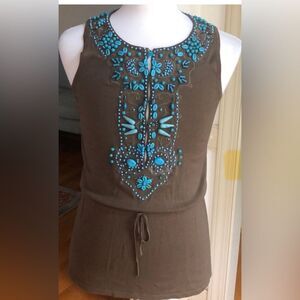 Vintage Boho Votre Nom Brown Top with Turquoise Beading, Excellent Condition